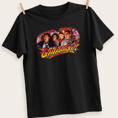 Vintage comic style shirt featuring four boys in a colorful car with the text GAVAAAGE!