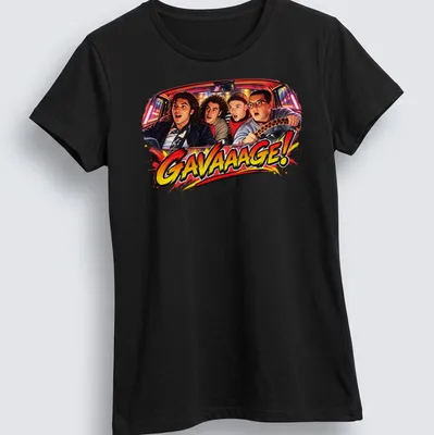 Vintage comic style shirt featuring four boys in a colorful car with the text GAVAAAGE! — printed on a women's shirt