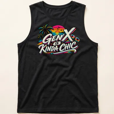 Retro palm trees and sunset design with text 'Gen X is Kinda Chic' in various colors — printed on a tank top