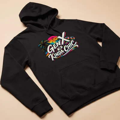 Retro palm trees and sunset design with text 'Gen X is Kinda Chic' in various colors — printed on a unisex hoodie