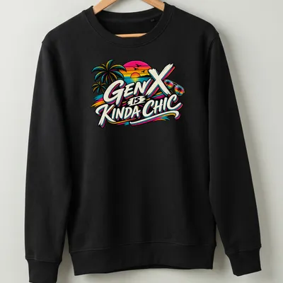 Retro palm trees and sunset design with text 'Gen X is Kinda Chic' in various colors — printed on a unisex sweatshirt