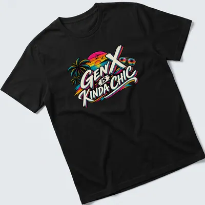 Retro palm trees and sunset design with text 'Gen X is Kinda Chic' in various colors
