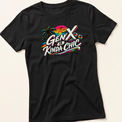 Retro palm trees and sunset design with text 'Gen X is Kinda Chic' in various colors — printed on a women's shirt
