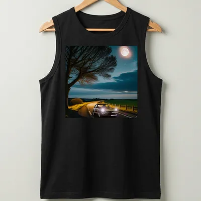 Illustration of a classic car driving at night with playful text about sleep — printed on a tank top