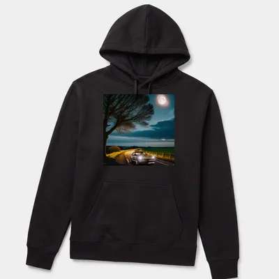 Illustration of a classic car driving at night with playful text about sleep — printed on a unisex hoodie