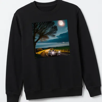 Illustration of a classic car driving at night with playful text about sleep — printed on a unisex sweatshirt
