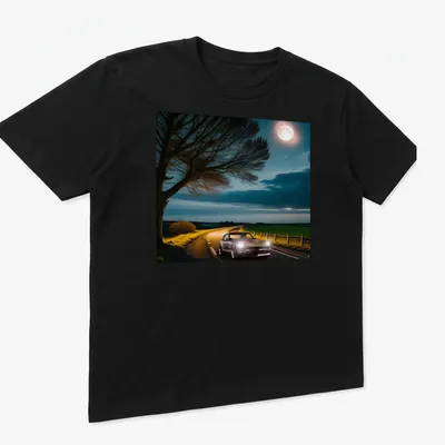 Illustration of a classic car driving at night with playful text about sleep — printed on a unisex t-shirt (angled view)