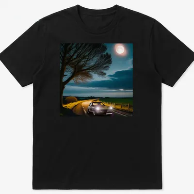 Illustration of a classic car driving at night with playful text about sleep — printed on a unisex t-shirt