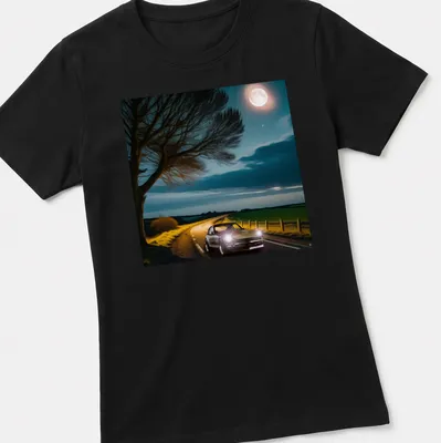 Illustration of a classic car driving at night with playful text about sleep — printed on a women's shirt