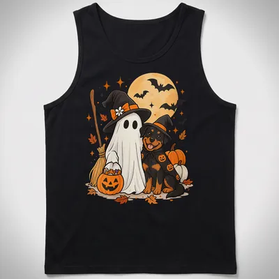 Kawaii cartoon of a ghost dog and Rottweiler in witch hats for Halloween — printed on a tank top