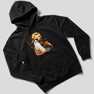 Kawaii cartoon of a ghost dog and Rottweiler in witch hats for Halloween — printed on a unisex hoodie