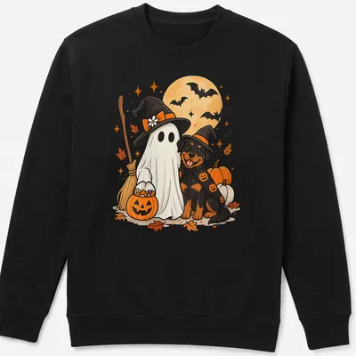 Kawaii cartoon of a ghost dog and Rottweiler in witch hats for Halloween — printed on a unisex sweatshirt