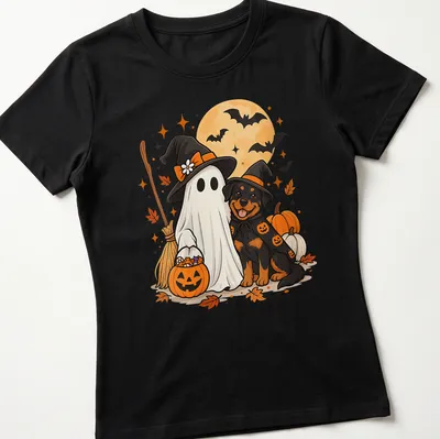 Kawaii cartoon of a ghost dog and Rottweiler in witch hats for Halloween — printed on a women's shirt