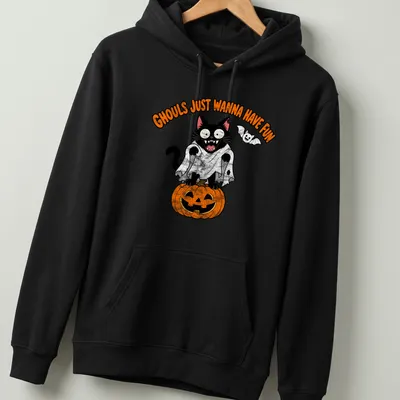 Cartoon black cat beside a pumpkin with the text 'Ghouls Just Wanna Have Fun' — printed on a unisex hoodie