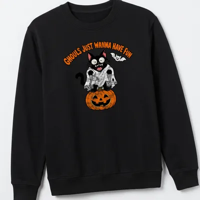Cartoon black cat beside a pumpkin with the text 'Ghouls Just Wanna Have Fun' — printed on a unisex sweatshirt