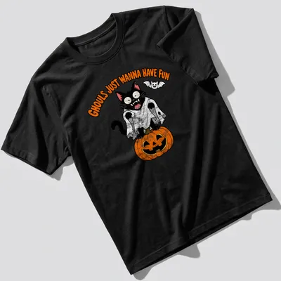Cartoon black cat beside a pumpkin with the text 'Ghouls Just Wanna Have Fun'