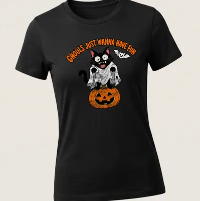 Cartoon black cat beside a pumpkin with the text 'Ghouls Just Wanna Have Fun' — printed on a women's shirt