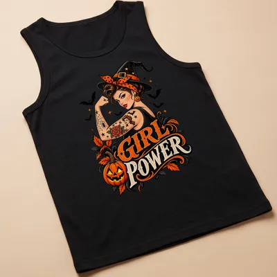 Retro pin-up witch holding a pumpkin with 'Girl Power' text in Halloween colors — printed on a tank top