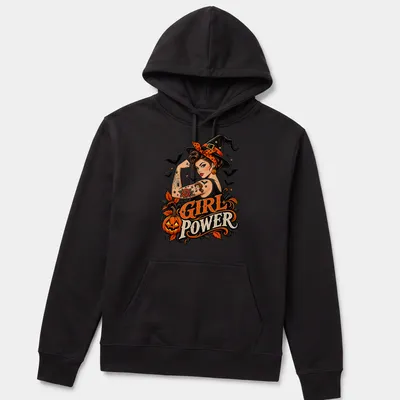 Retro pin-up witch holding a pumpkin with 'Girl Power' text in Halloween colors — printed on a unisex hoodie