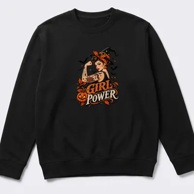 Retro pin-up witch holding a pumpkin with 'Girl Power' text in Halloween colors — printed on a unisex sweatshirt