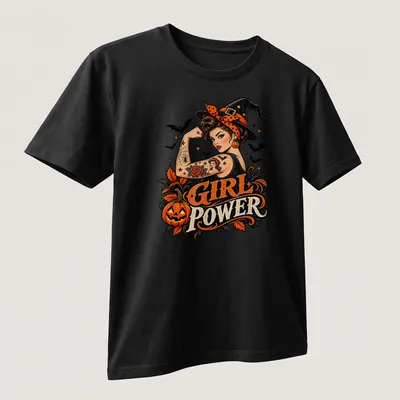Retro pin-up witch holding a pumpkin with 'Girl Power' text in Halloween colors — printed on a unisex t-shirt (angled view)