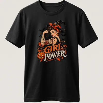 Retro pin-up witch holding a pumpkin with 'Girl Power' text in Halloween colors — printed on a unisex t-shirt