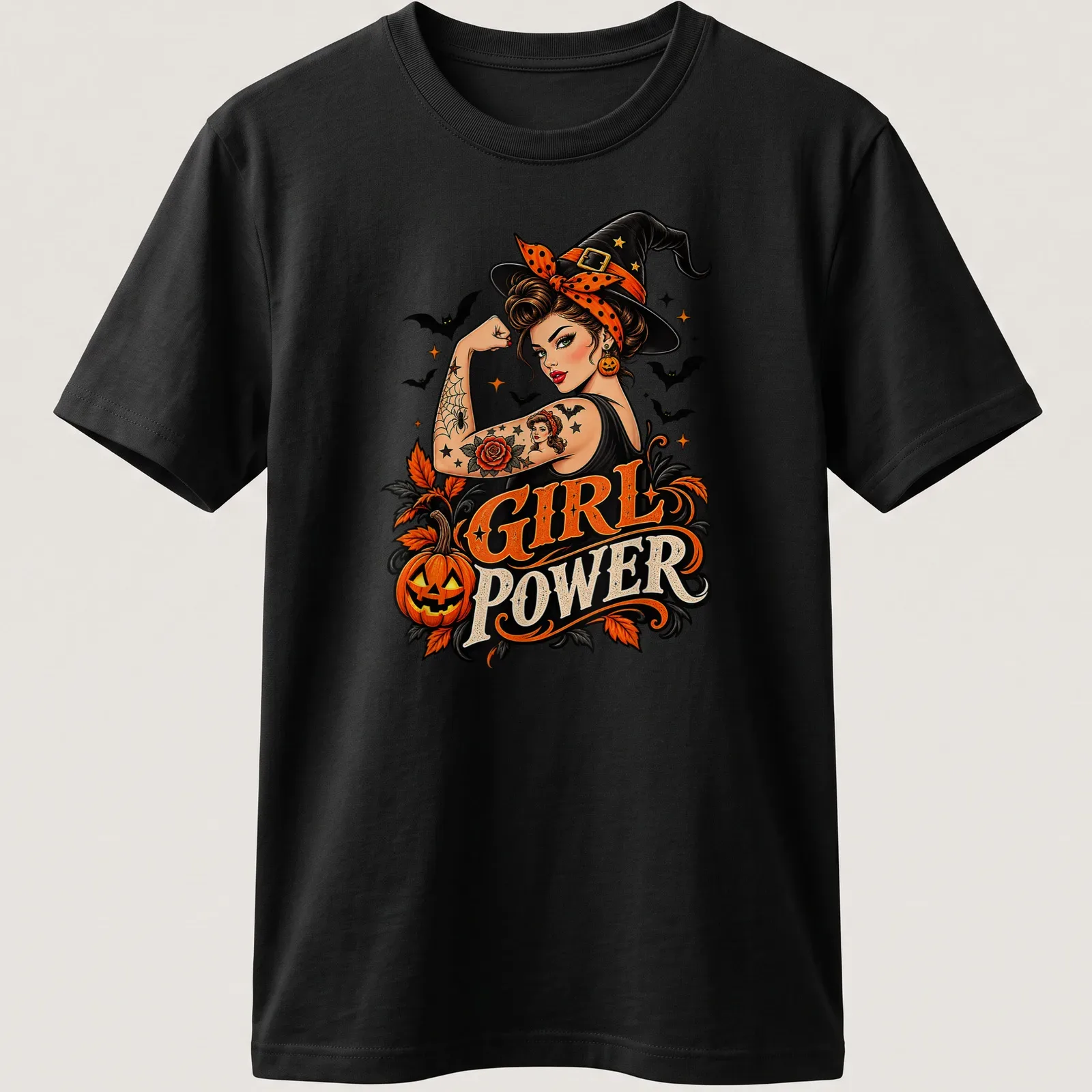 Retro pin-up witch holding a pumpkin with 'Girl Power' text in Halloween colors — printed on a unisex t-shirt