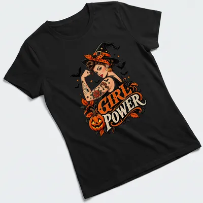 Retro pin-up witch holding a pumpkin with 'Girl Power' text in Halloween colors — printed on a women's shirt