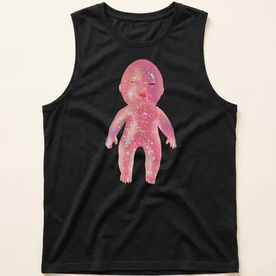 Whimsical illustration of a glittery baby doll with colorful details — printed on a tank top