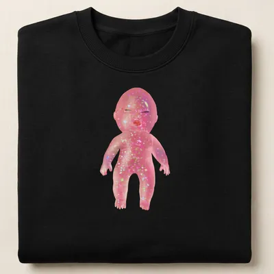 Whimsical illustration of a glittery baby doll with colorful details — printed on a unisex sweatshirt