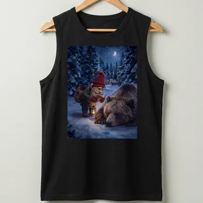 Realistic gnome checks on a sleeping bear, featuring earthy colors and detailed forest scenery. — printed on a tank top