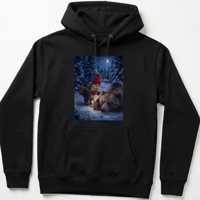 Realistic gnome checks on a sleeping bear, featuring earthy colors and detailed forest scenery. — printed on a unisex hoodie