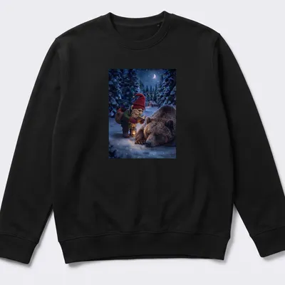 Realistic gnome checks on a sleeping bear, featuring earthy colors and detailed forest scenery. — printed on a unisex sweatshirt