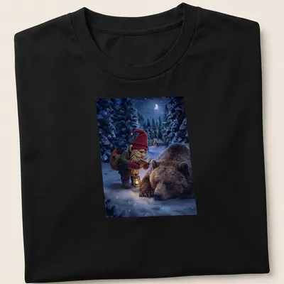 Realistic gnome checks on a sleeping bear, featuring earthy colors and detailed forest scenery. — printed on a unisex t-shirt