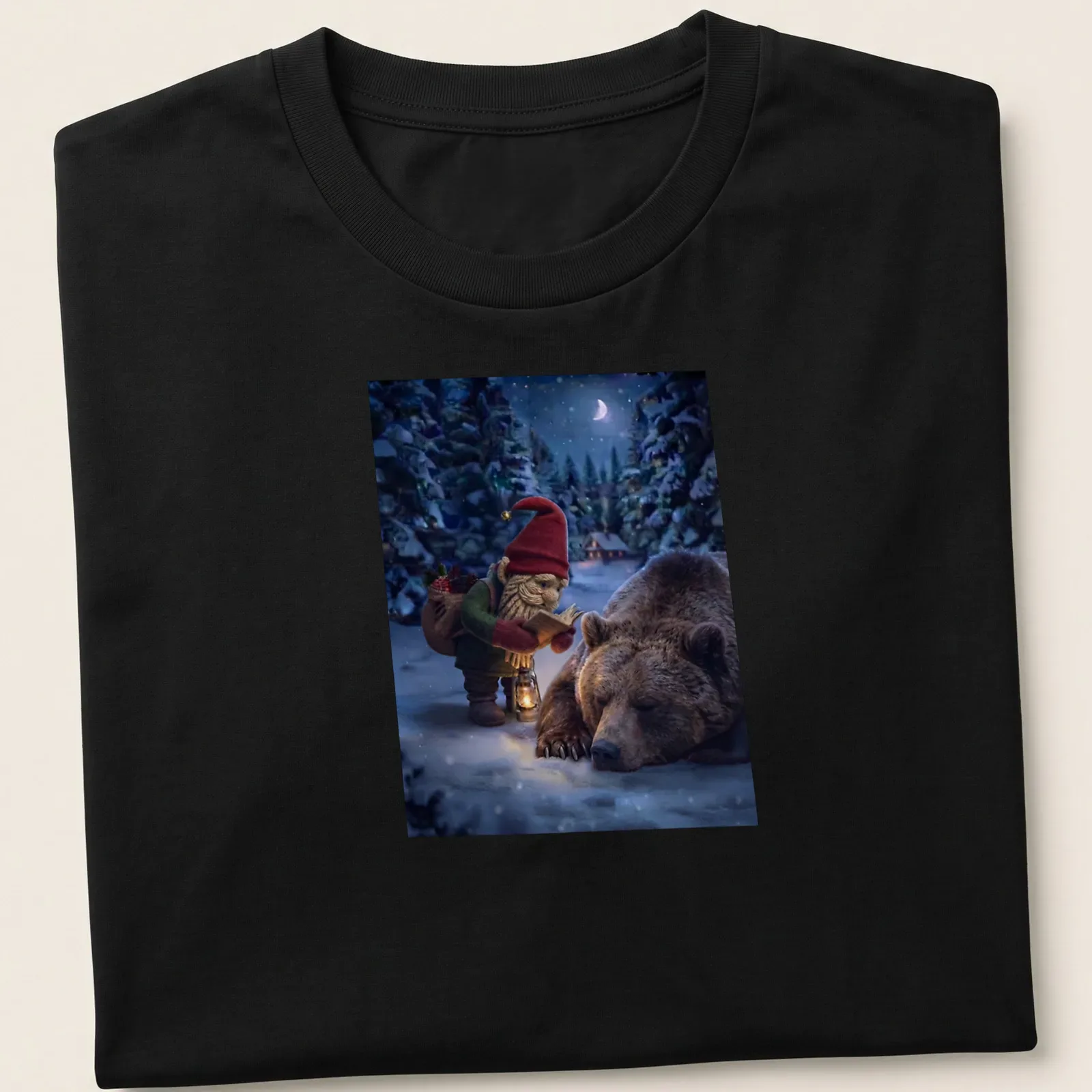 Realistic gnome checks on a sleeping bear, featuring earthy colors and detailed forest scenery. — printed on a unisex t-shirt