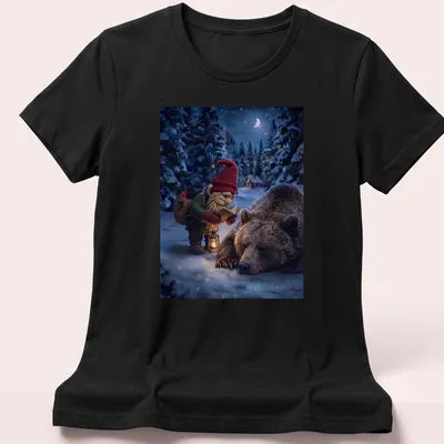 Realistic gnome checks on a sleeping bear, featuring earthy colors and detailed forest scenery. — printed on a women's shirt