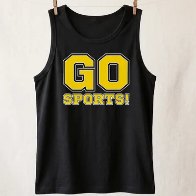 Bold graphic t-shirt with 'GO SPORTS!' text and sports illustrations in yellow and black — printed on a tank top