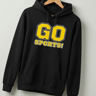 Bold graphic t-shirt with 'GO SPORTS!' text and sports illustrations in yellow and black — printed on a unisex hoodie