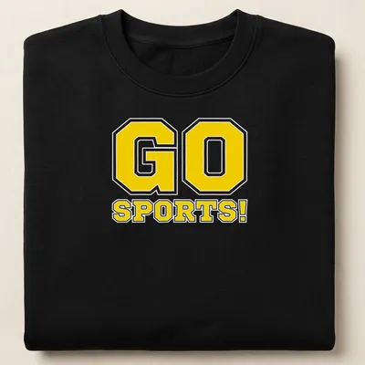 Bold graphic t-shirt with 'GO SPORTS!' text and sports illustrations in yellow and black — printed on a unisex sweatshirt