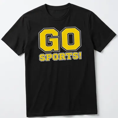 Bold graphic t-shirt with 'GO SPORTS!' text and sports illustrations in yellow and black