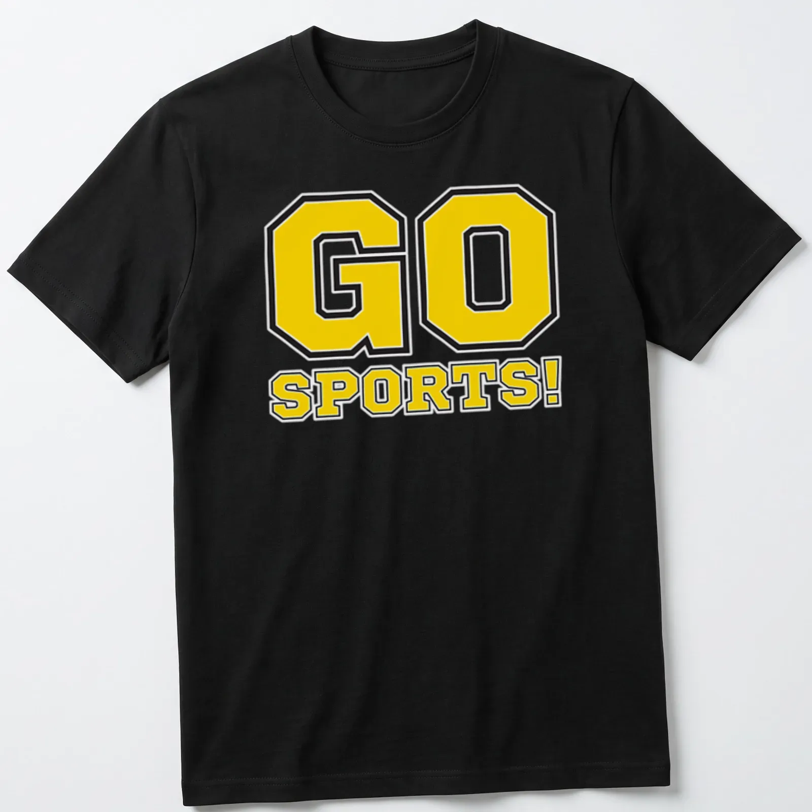 Bold graphic t-shirt with 'GO SPORTS!' text and sports illustrations in yellow and black — printed on a unisex t-shirt