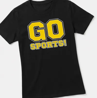 Bold graphic t-shirt with 'GO SPORTS!' text and sports illustrations in yellow and black — printed on a women's shirt
