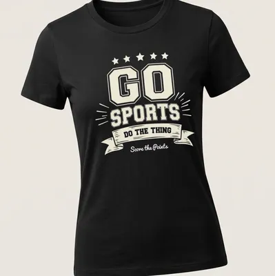 Vintage motivational shirt with 'Go Sports Do The Thing' in cream, gold, and black — printed on a women's shirt
