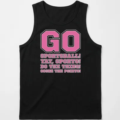 Bold typography with sports phrases in pink, black, and white on a playful t-shirt. — printed on a tank top