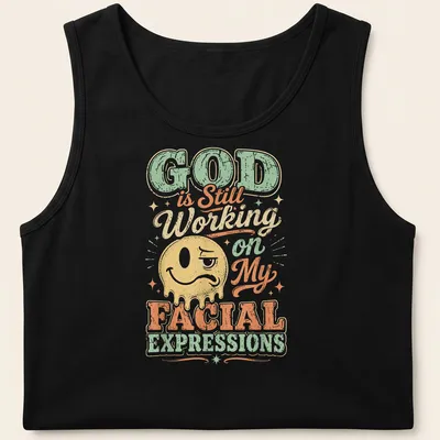 Funny emoji face with text about expressions in pastel colors — printed on a tank top