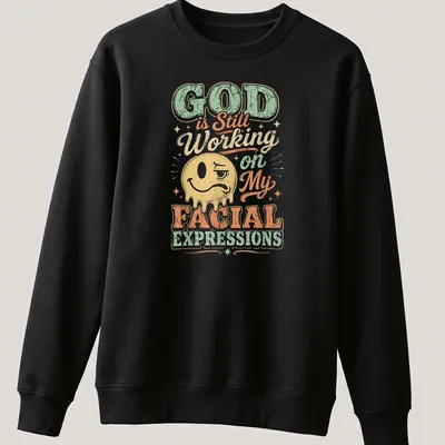 Funny emoji face with text about expressions in pastel colors — printed on a unisex sweatshirt