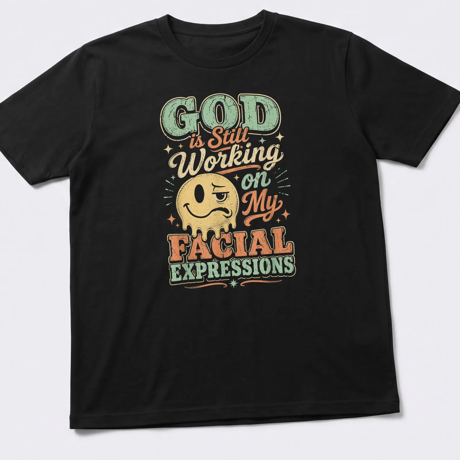 Funny emoji face with text about expressions in pastel colors — printed on a unisex t-shirt
