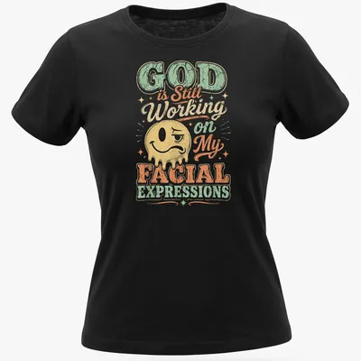 Funny emoji face with text about expressions in pastel colors — printed on a women's shirt