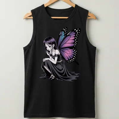 Gothic anime butterfly girl graphic t-shirt in black, purple, blue, and pink — printed on a tank top