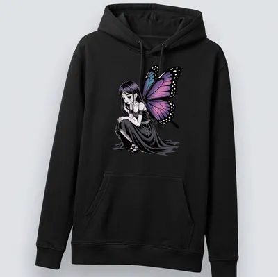 Gothic anime butterfly girl graphic t-shirt in black, purple, blue, and pink — printed on a unisex hoodie